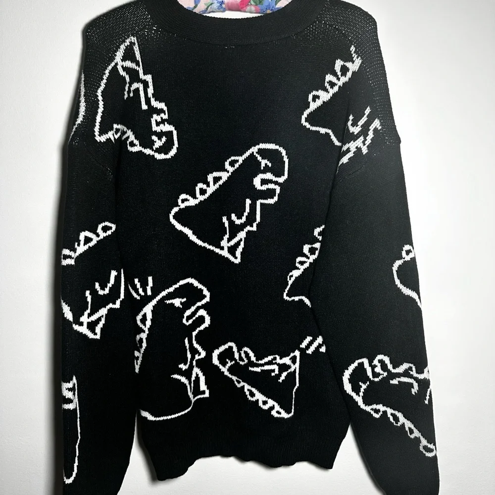 Cute Kawaii Cartoon Dinosaur Print Long Sleeve Loose Knitted Cardigan w Buttons - Picture 8 of 11